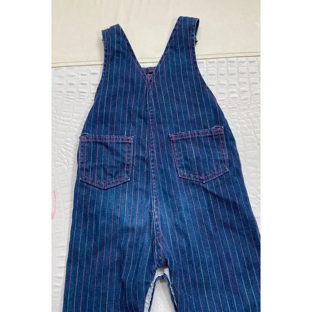 Vtg Healthtex Striped Denim Overalls Baby Girl 24 Months Rainbow Jean USA